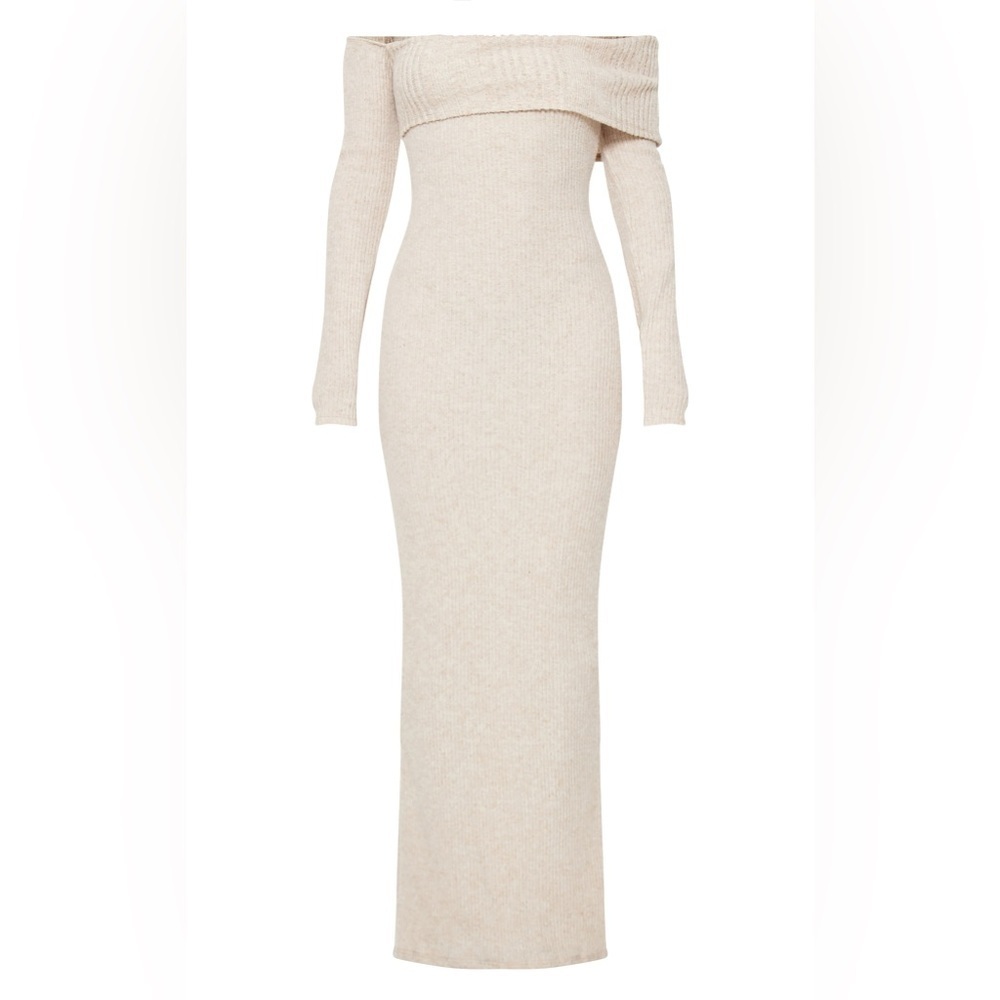PrettyLittleThing off shoulder knit Maxi sweater dress beige cream size 20 - Picture 4 of 4